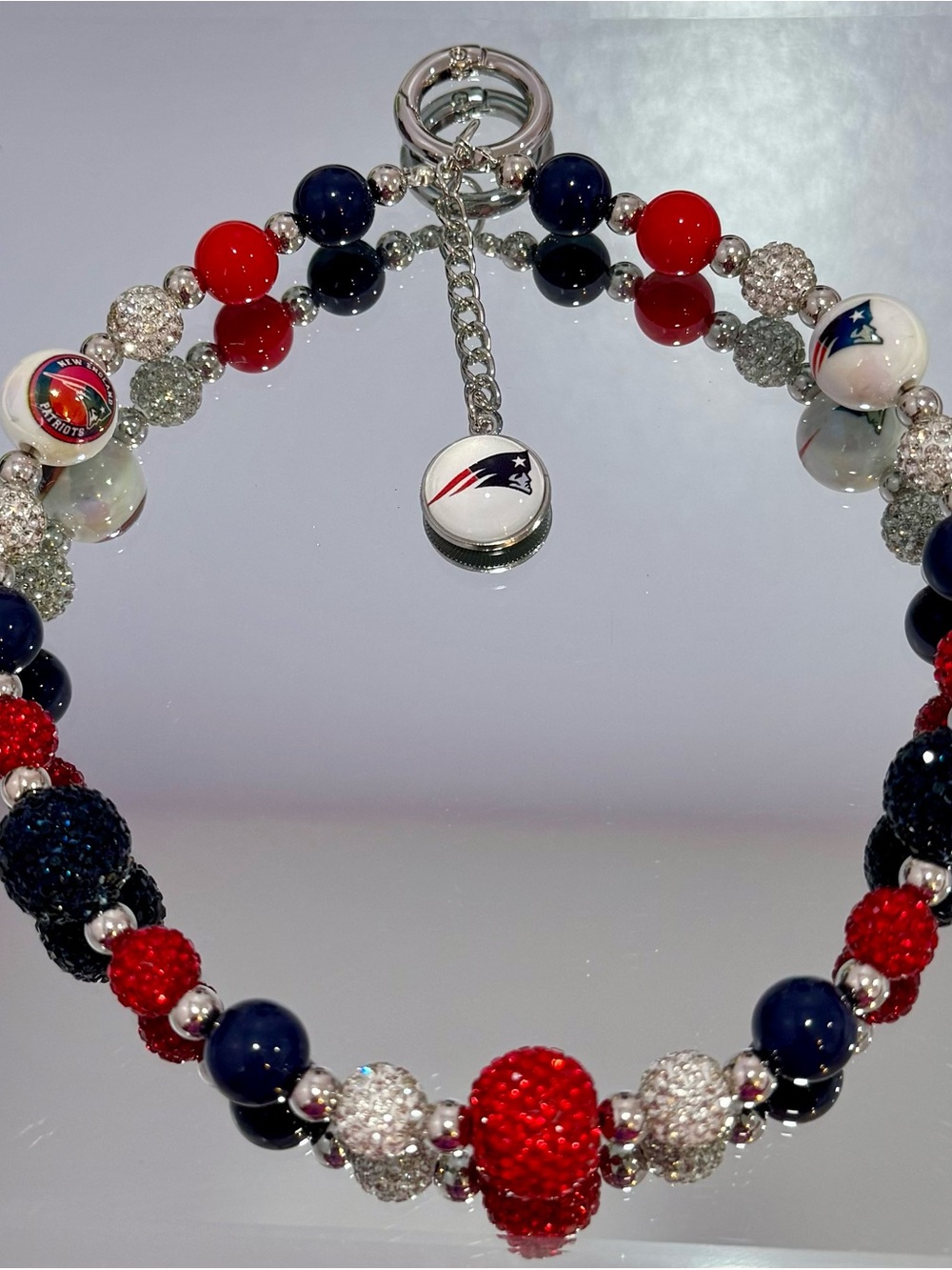 New Red & Navy Beaded Phone Charm with Silver Accents